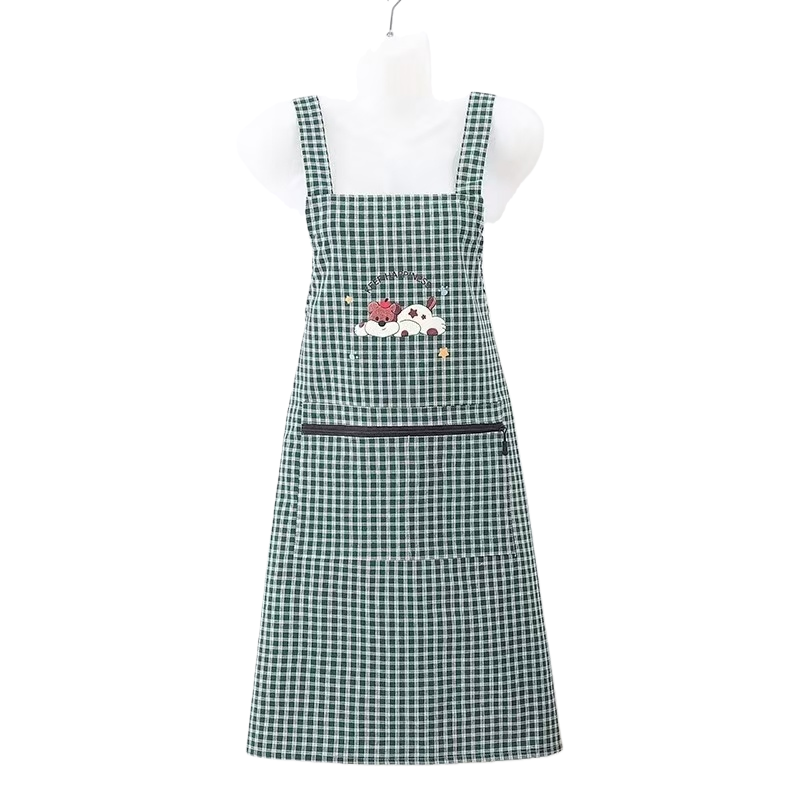 New cartoon embroidered cotton apron, kitchen cooking, home straps, stain-proof, dust-proof, breathable zipper pocket straps, apron, dirt-resistant, work clothes, waistband Item Picture