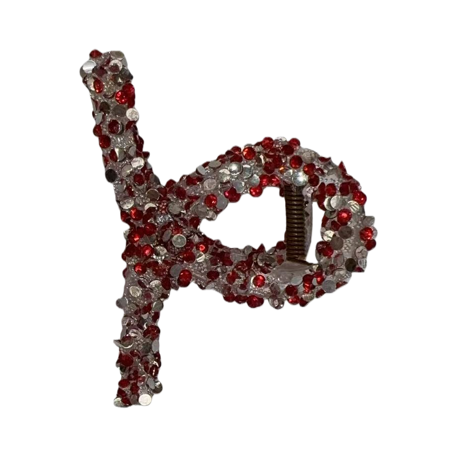 Red and silver sequined P-shaped pearl grab clip hair accessory Item Picture