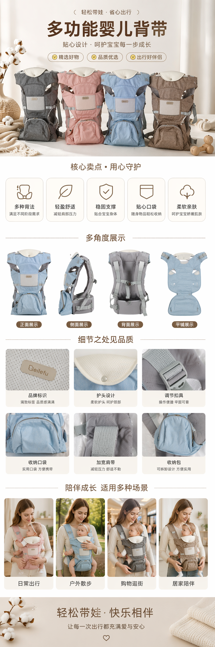 多色婴儿背巾背婴带腰凳含高级灰藕粉浅蓝浅灰配帽详情1