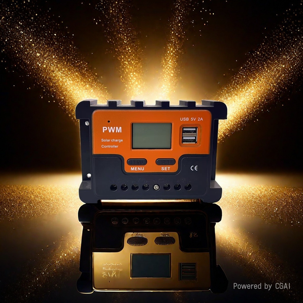 The orange and black Ld2417PWM solar controller with dual USB LCD screens and MPPT energy storage