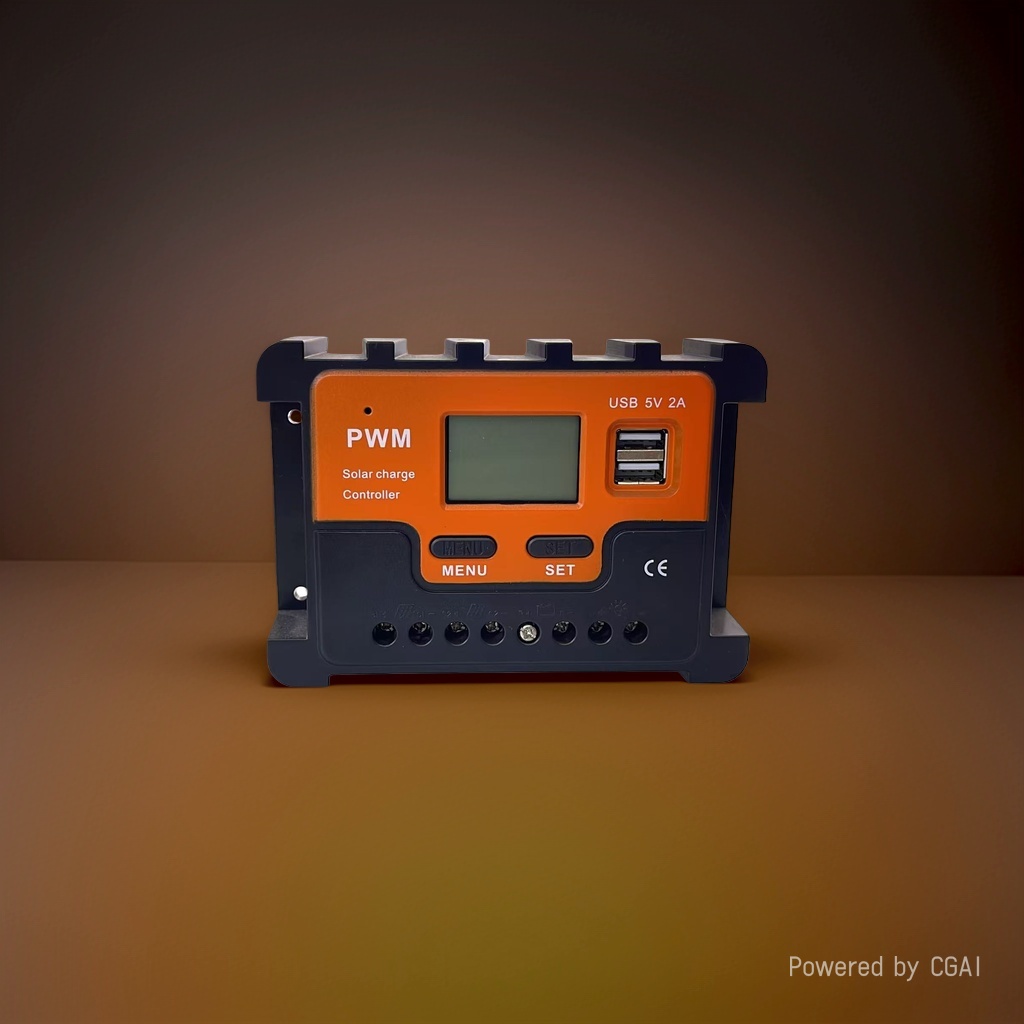 The orange and black Ld2417PWM solar controller with dual USB LCD screens and MPPT energy storage Application Scenario