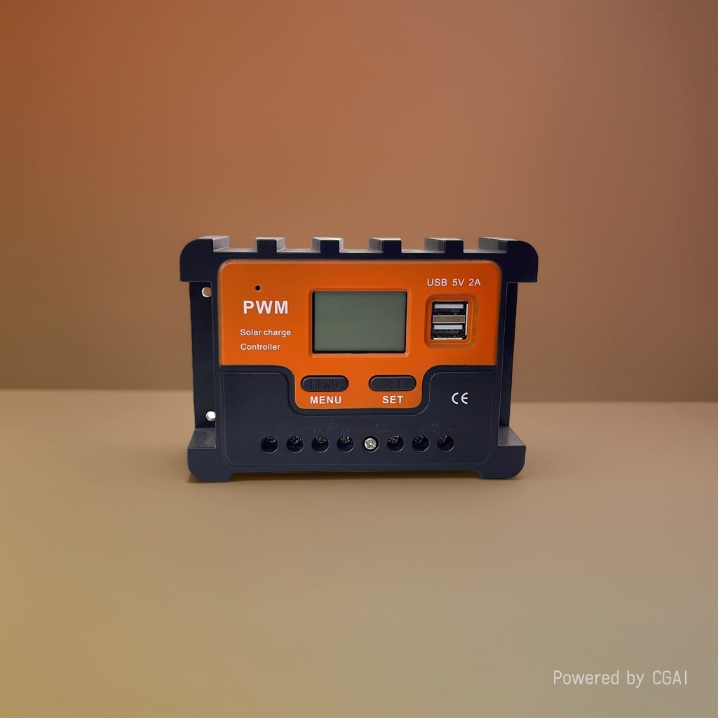 The orange and black Ld2417PWM solar controller with dual USB LCD screens and MPPT energy storage Specification image