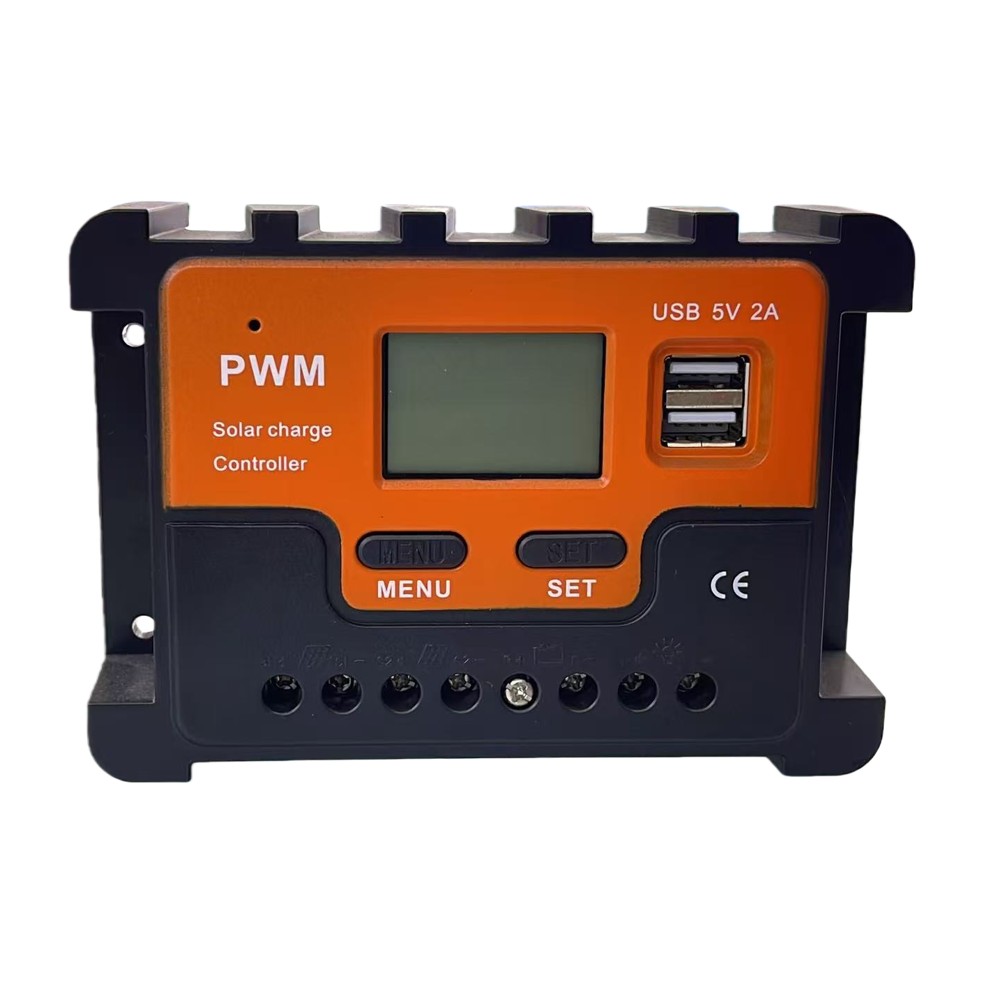 The orange and black Ld2417PWM solar controller with dual USB LCD screens and MPPT energy storage Item Picture