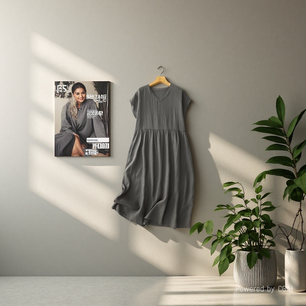 Summer's new Japanese-style commuting simple V-neck one-shoulder short-sleeved loose and artistic mid-length dress for women