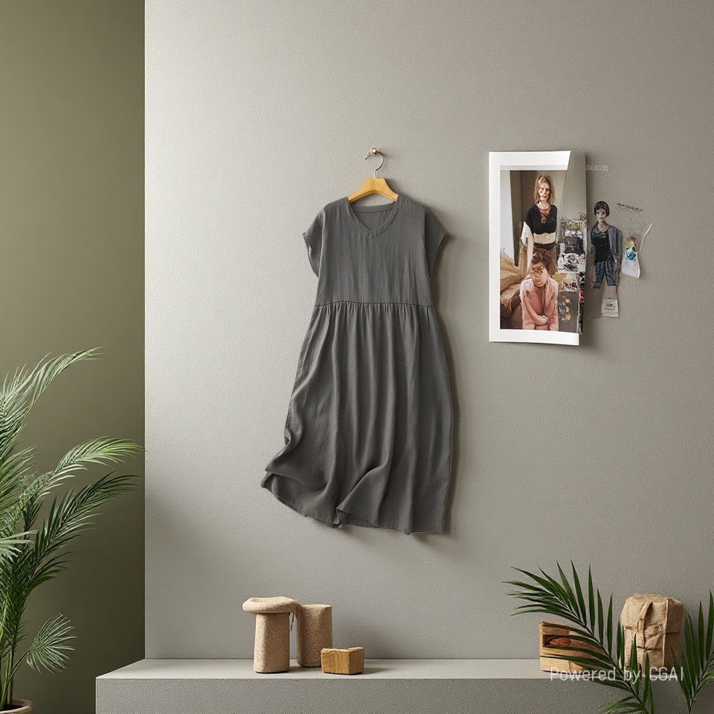 Summer's new Japanese-style commuting simple V-neck one-shoulder short-sleeved loose and artistic mid-length dress for women Application Scenario