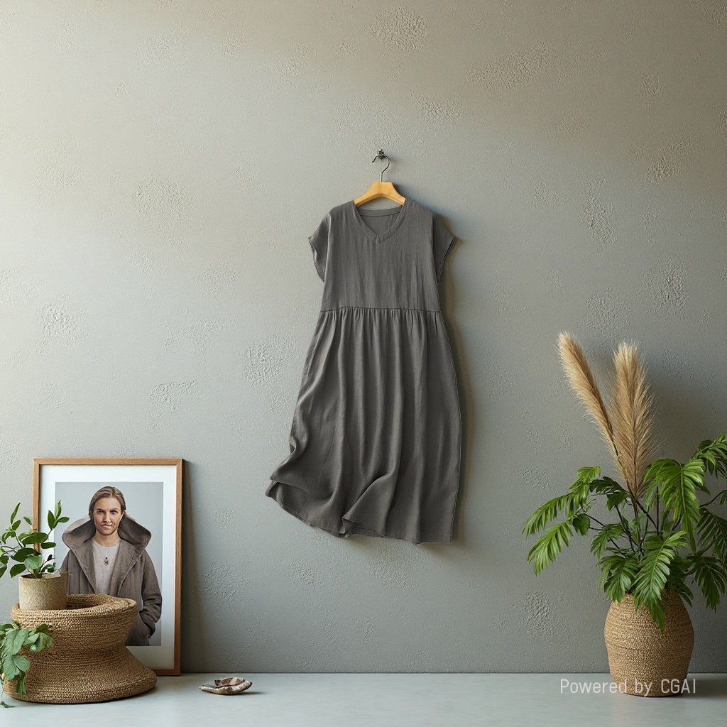 Summer's new Japanese-style commuting simple V-neck one-shoulder short-sleeved loose and artistic mid-length dress for women Specification image