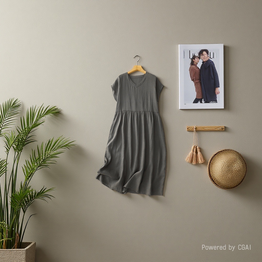 Summer's new Japanese-style commuting simple V-neck one-shoulder short-sleeved loose and artistic mid-length dress for women details Picture