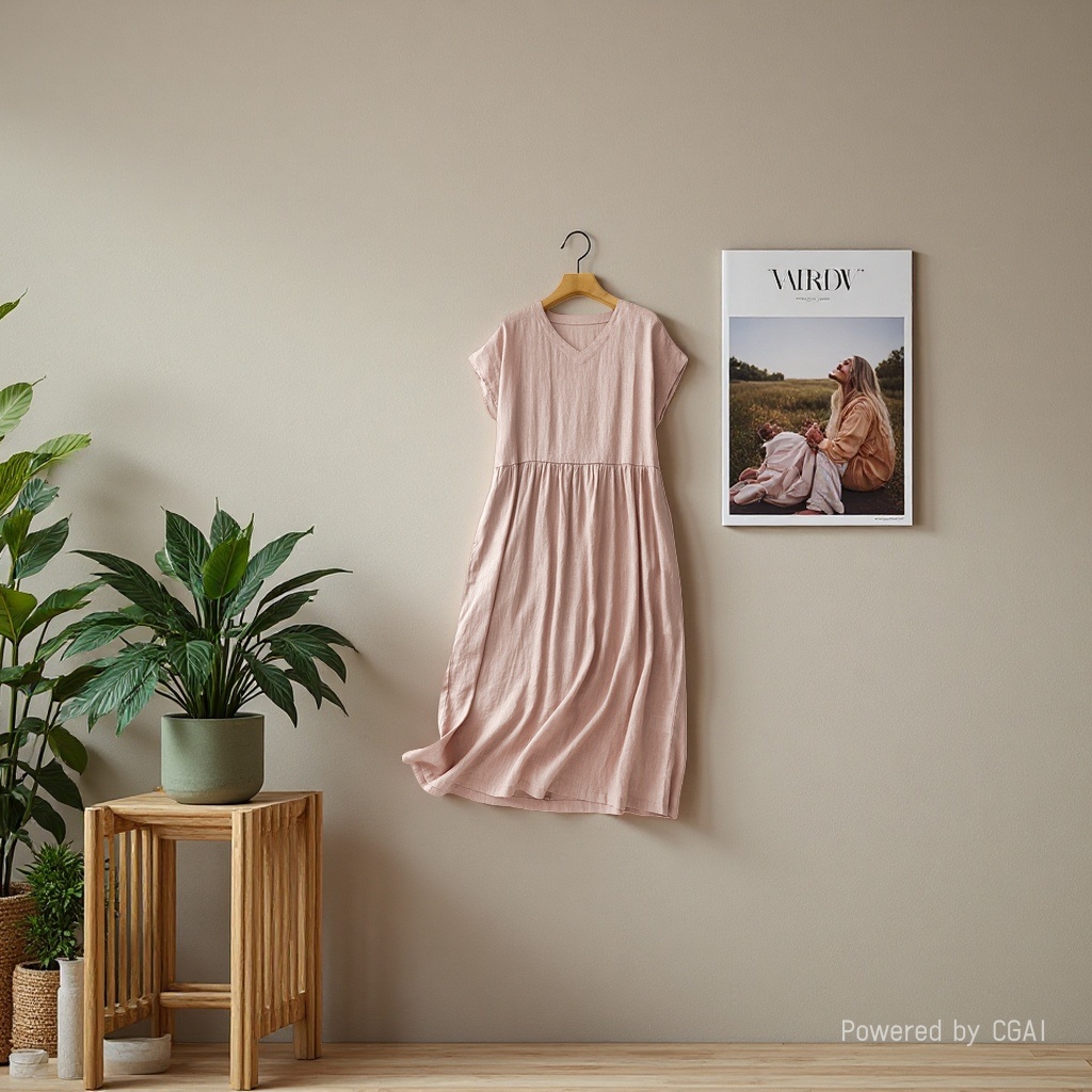 Summer new Japanese-style commuting simple V-neck one-shoulder short-sleeved loose and artistic mid-length dress for women 105008831 Application Scenario