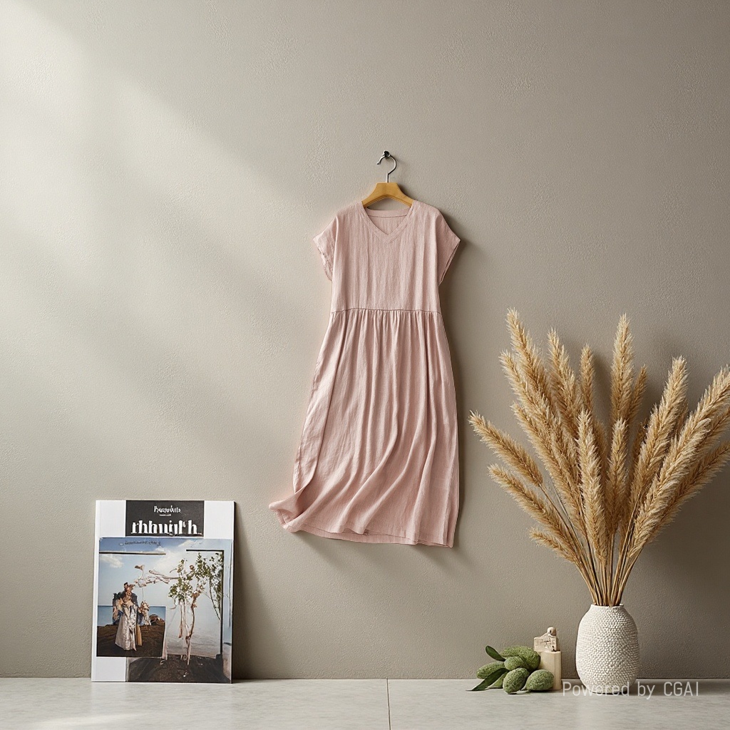 Summer new Japanese-style commuting simple V-neck one-shoulder short-sleeved loose and artistic mid-length dress for women 105008831 details Picture