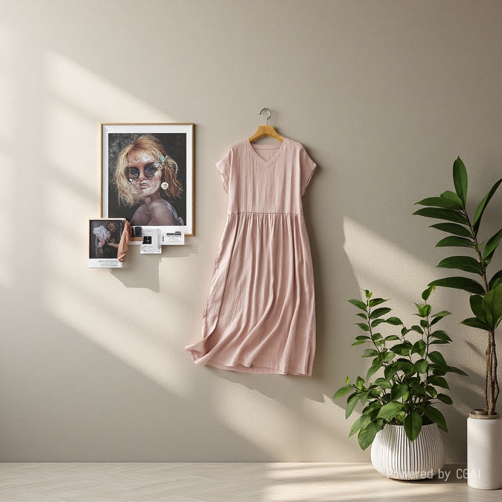 Summer new Japanese-style commuting simple V-neck one-shoulder short-sleeved loose and artistic mid-length dress for women 105008831