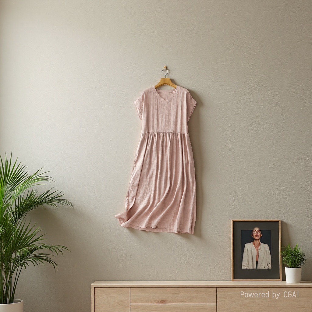 Summer new Japanese-style commuting simple V-neck one-shoulder short-sleeved loose and artistic mid-length dress for women 105008831 Specification image