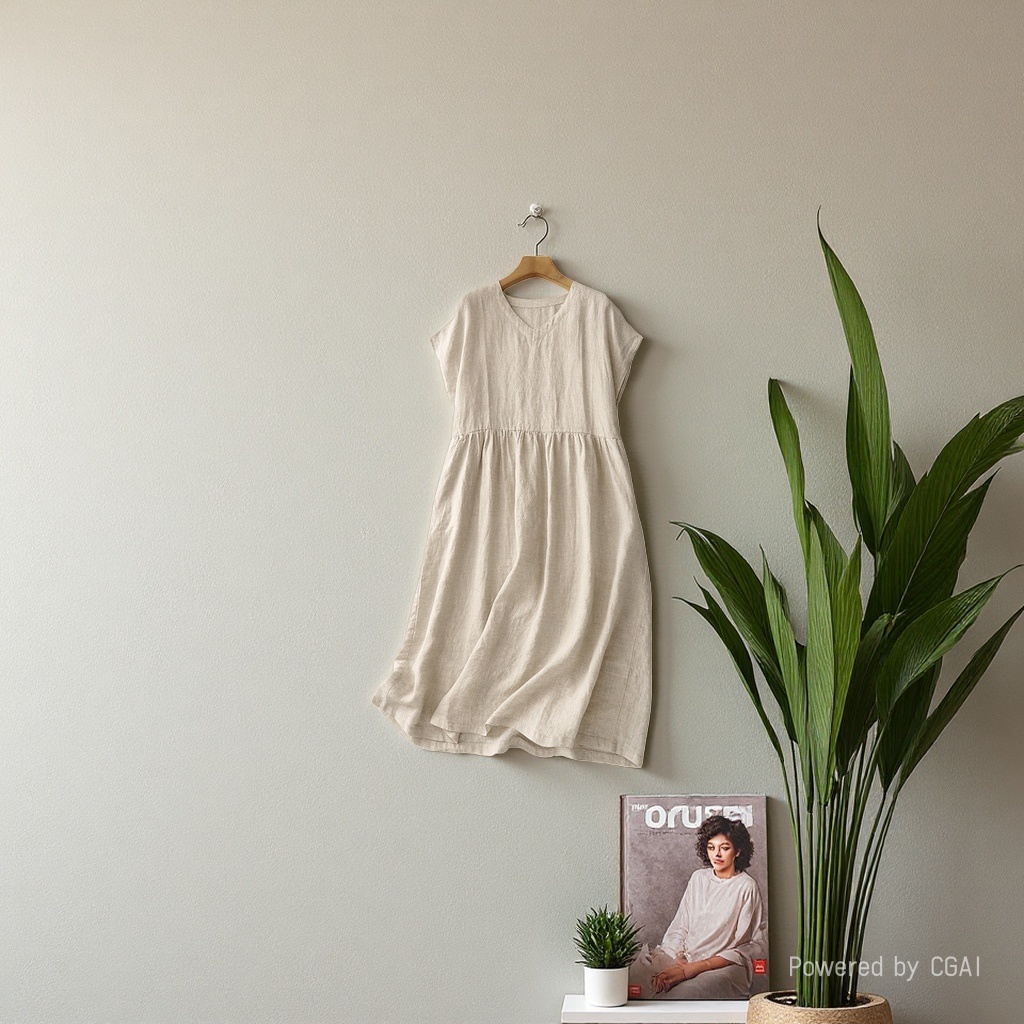 Summer new Japanese-style commuting simple V-neck one-shoulder short-sleeved loose and artistic mid-length dress for women 105156790 details Picture
