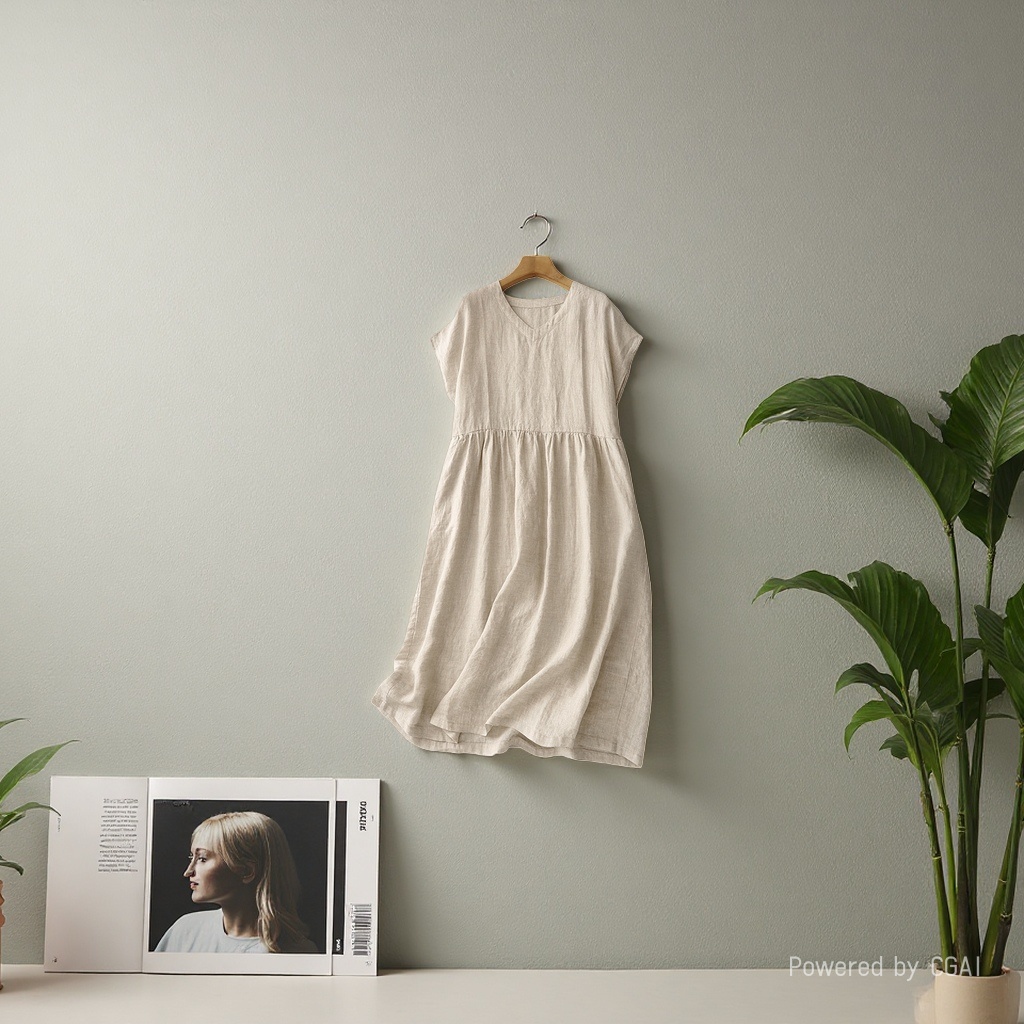 Summer new Japanese-style commuting simple V-neck one-shoulder short-sleeved loose and artistic mid-length dress for women 105156790 Specification image