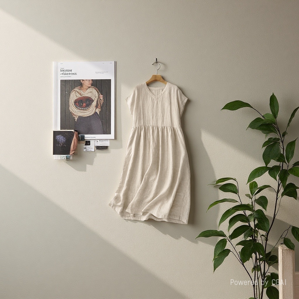 Summer new Japanese-style commuting simple V-neck one-shoulder short-sleeved loose and artistic mid-length dress for women 105156790