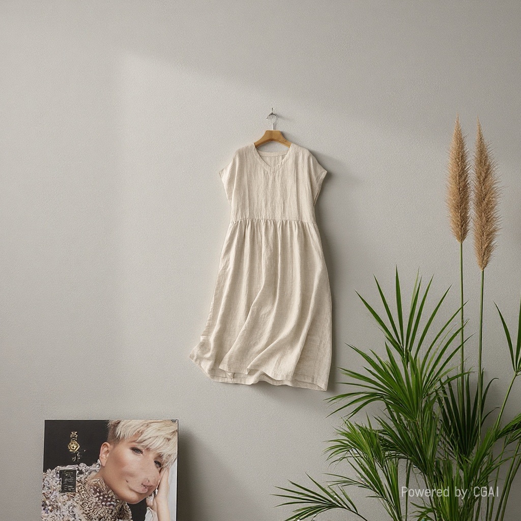 Summer new Japanese-style commuting simple V-neck one-shoulder short-sleeved loose and artistic mid-length dress for women 105156790 Application Scenario