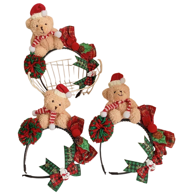 Christmas hair accessories: Cartoon, cute plush bear headband, exquisite bow headband, sweet Christmas hair accessories for girls Item Picture