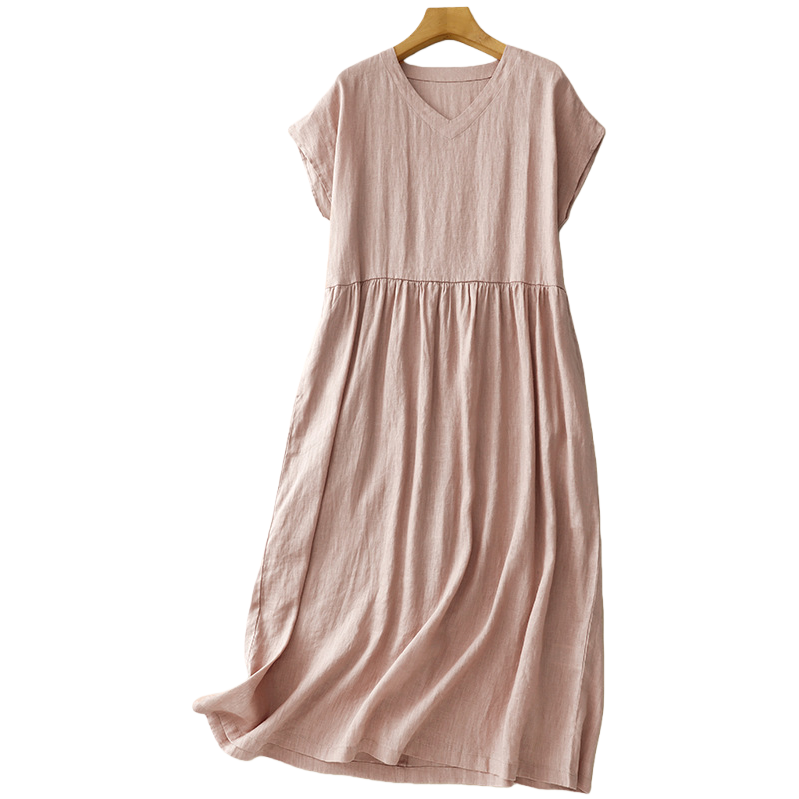 Summer new Japanese-style commuting simple V-neck one-shoulder short-sleeved loose and artistic mid-length dress for women 105008831 Item Picture