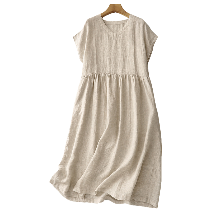 Summer new Japanese-style commuting simple V-neck one-shoulder short-sleeved loose and artistic mid-length dress for women 105156790 Item Picture