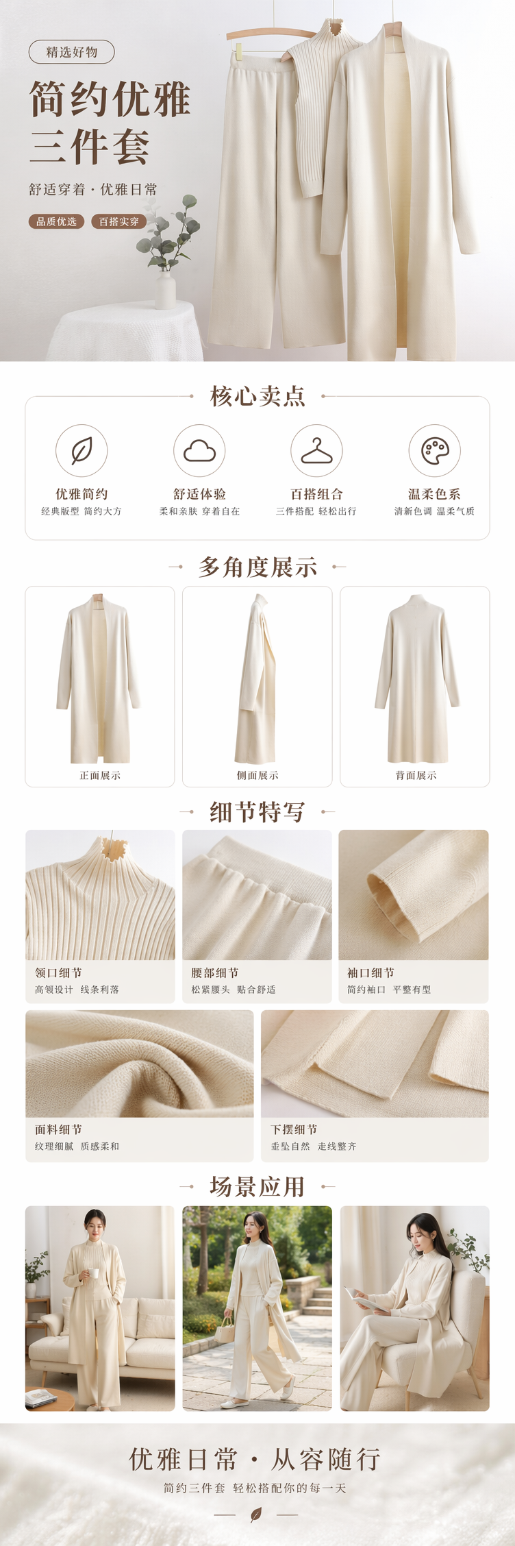 lulu米白色针织套装女装 北极绒舒棉绒高领无袖上衣阔腿裤长款开衫外套详情1