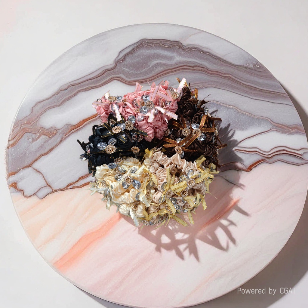Silk flower large intestine hair band Korean-style hair accessory in pink, black, brown and beige Application Scenario