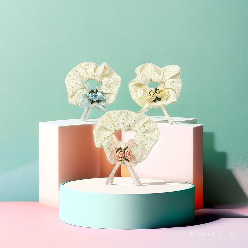 米白色镂空针织大肠发圈女韩版饰丝带小花发饰
