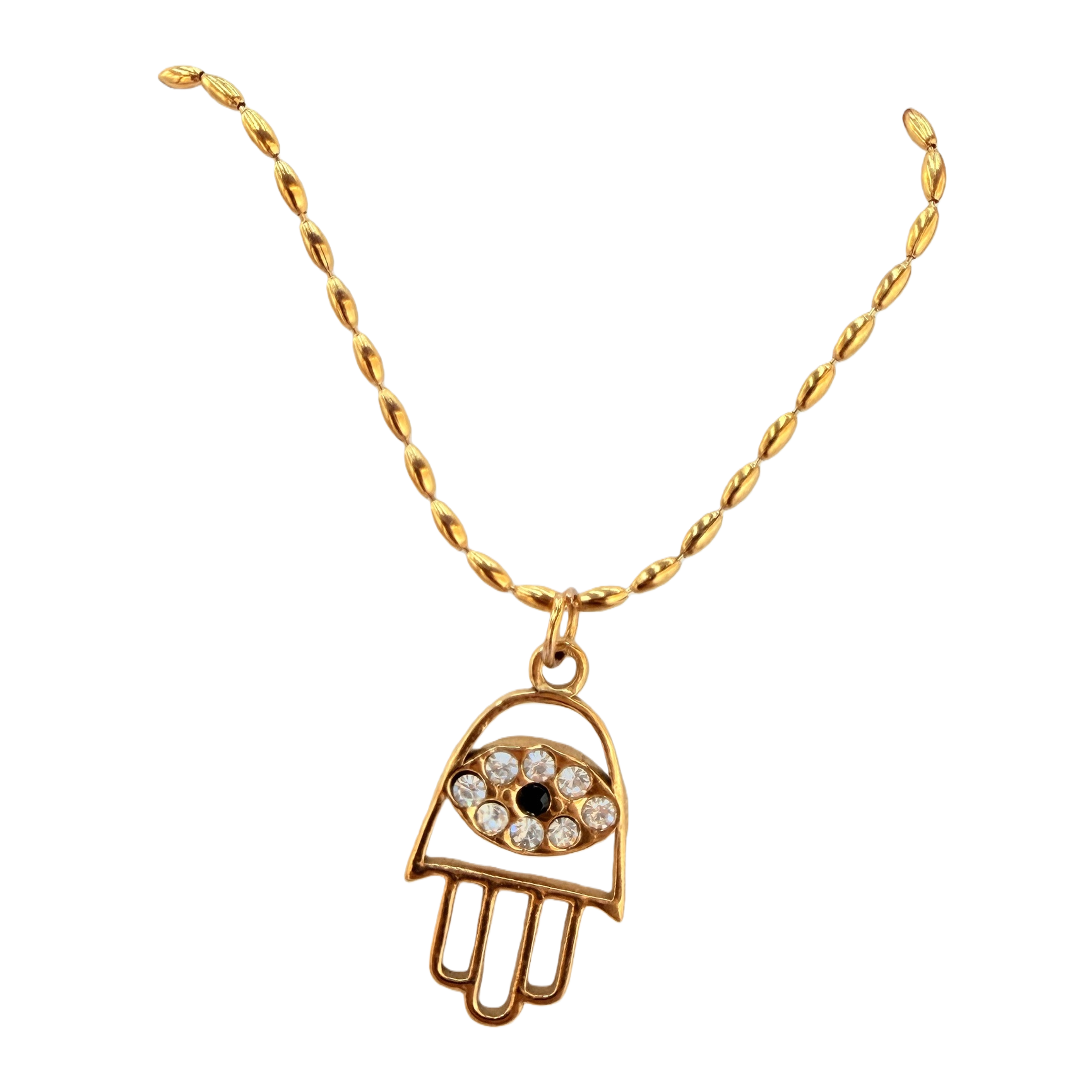 French retro Fatima Hand Devil Eye necklace, light luxury diamond-encrusted pendant, versatile rice grain chain, commuting niche collarbone chain, anti-color fading stainless steel color retention accessory Item Picture
