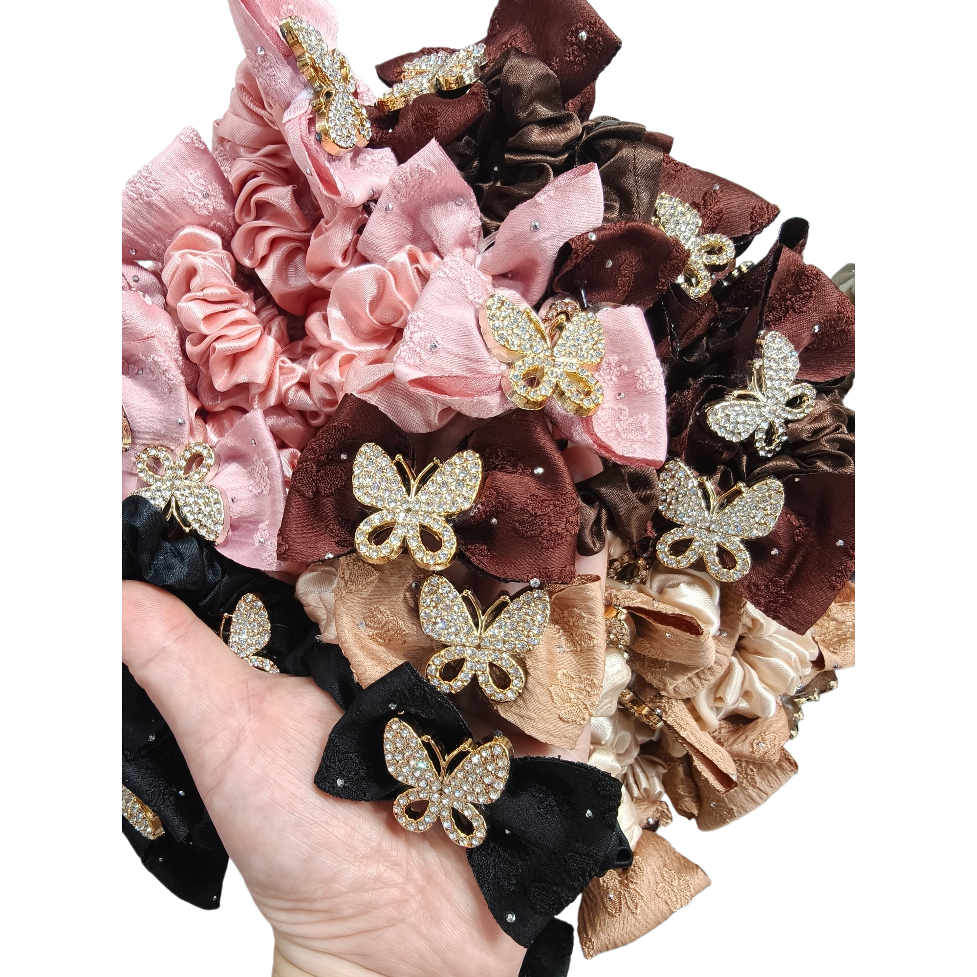 Pink and brown silk large intestine hair band Korean version diamond-encrusted butterfly hair accessory for women Item Picture