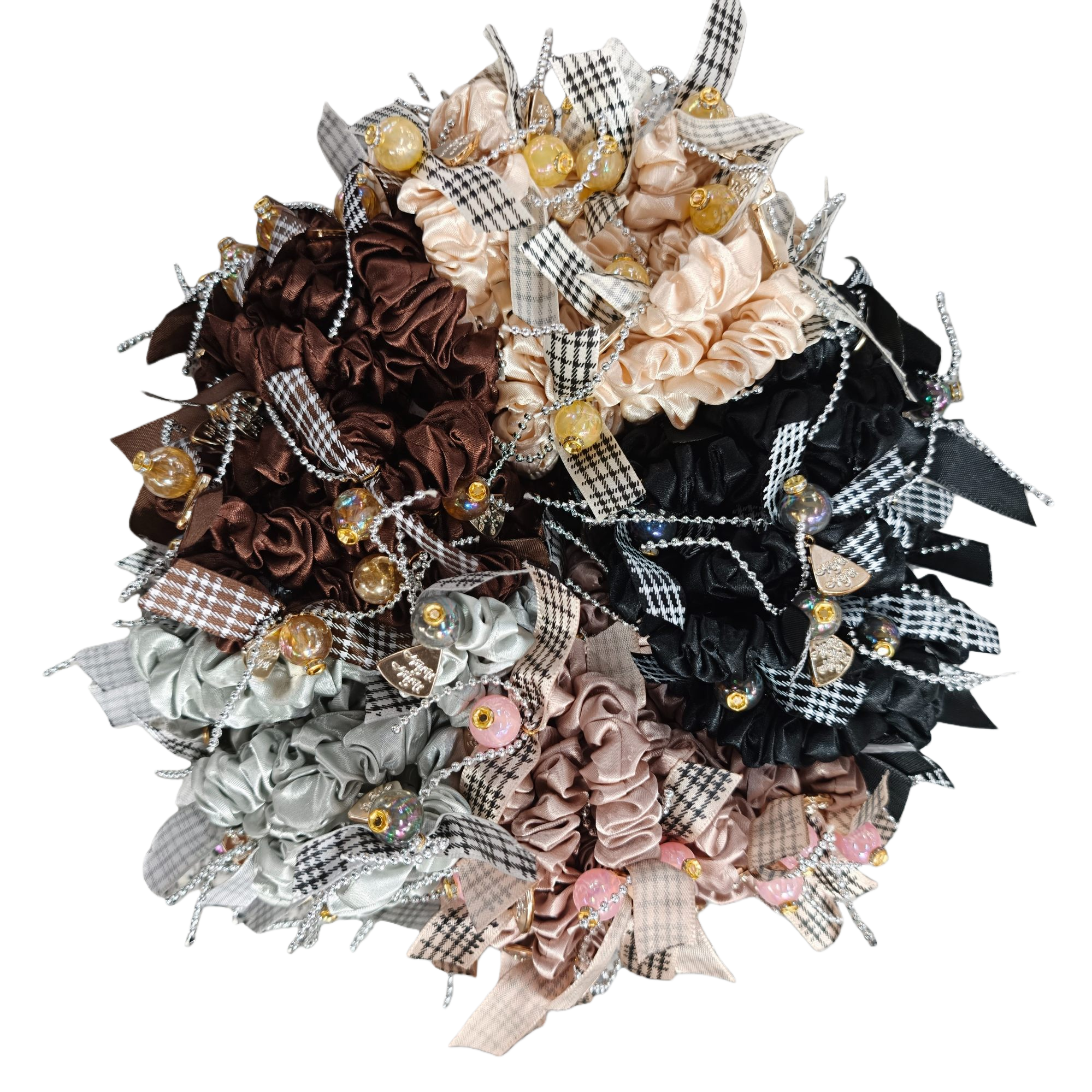 Colorful silk large intestine hair band for women, Korean version, multiple colors to choose from, black and white checkered gold bead and colorful bead bouquet decoration Item Picture