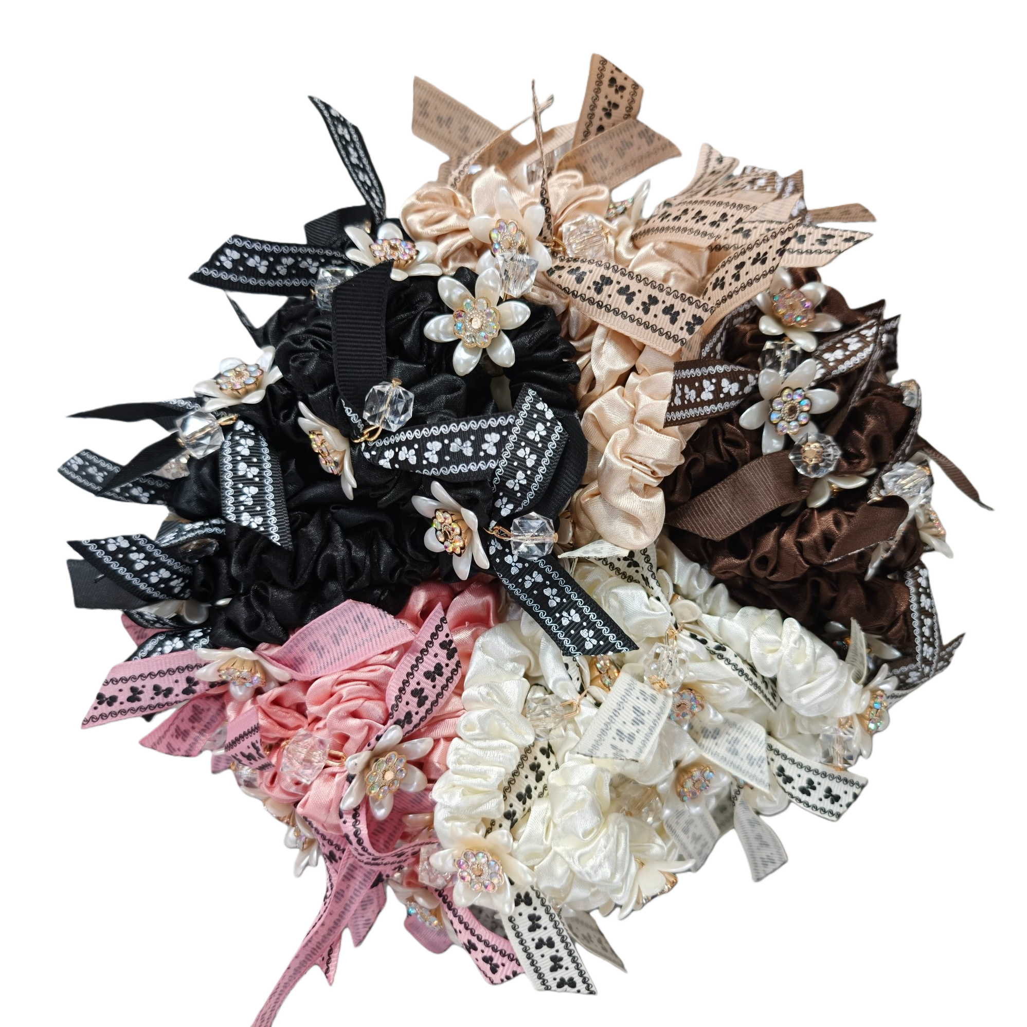 Colorful ribbon large intestine hair band for women, Korean version multi-color satin pearl flower crystal bead hair accessory Item Picture