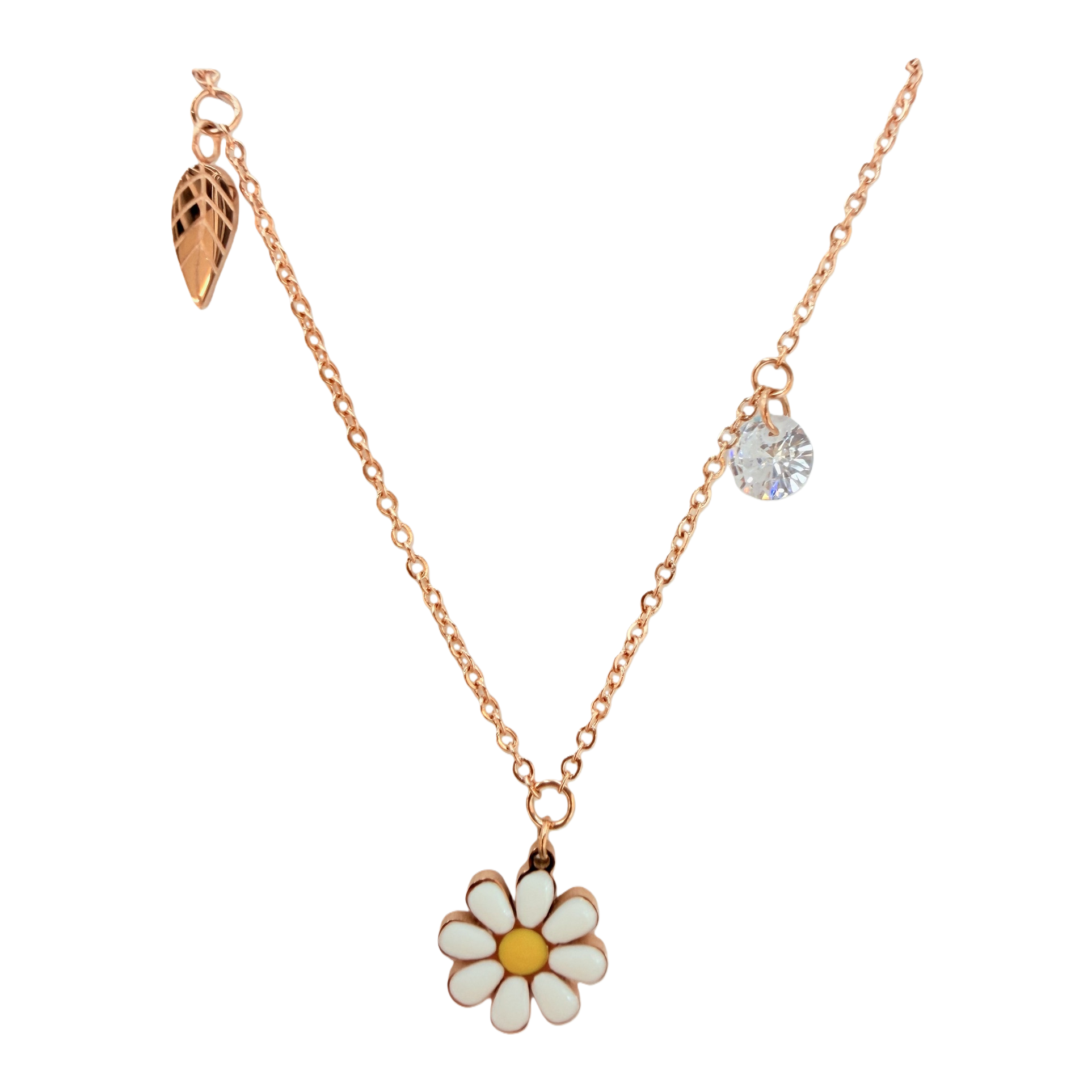Korean-style enamel Daisy rose gold collarbone chain with hollowed-out leaves and small diamonds creative jewelry. A versatile and niche luxury gift necklace for fair-haired girls in spring and summer Item Picture