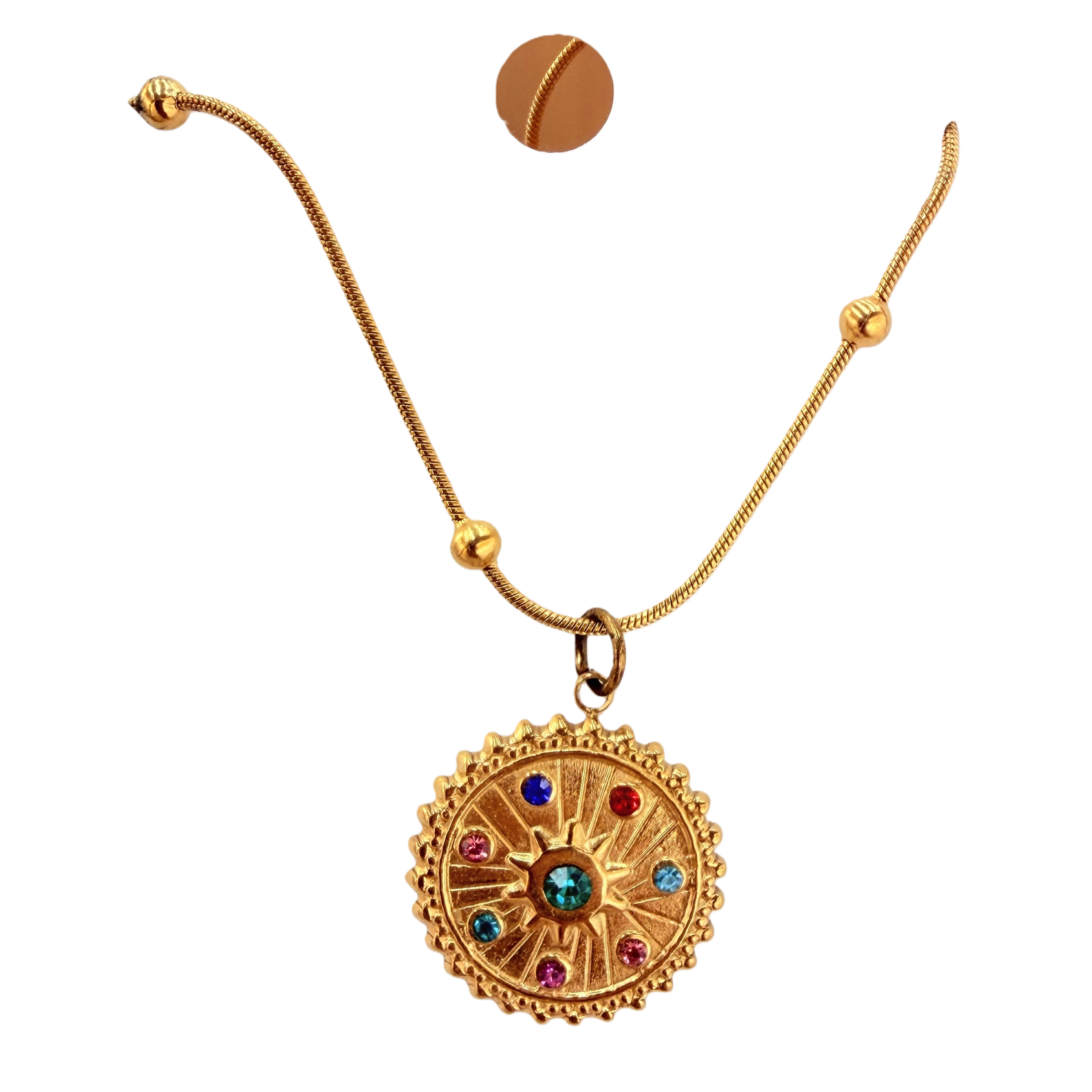 Light luxury retro seven-color sun pattern colored gemstone round plate necklace, small gold beads snake bone fine chain, niche ins exotic compass pendant, versatile and non-fading, ladies' gift collarbone chain Item Picture
