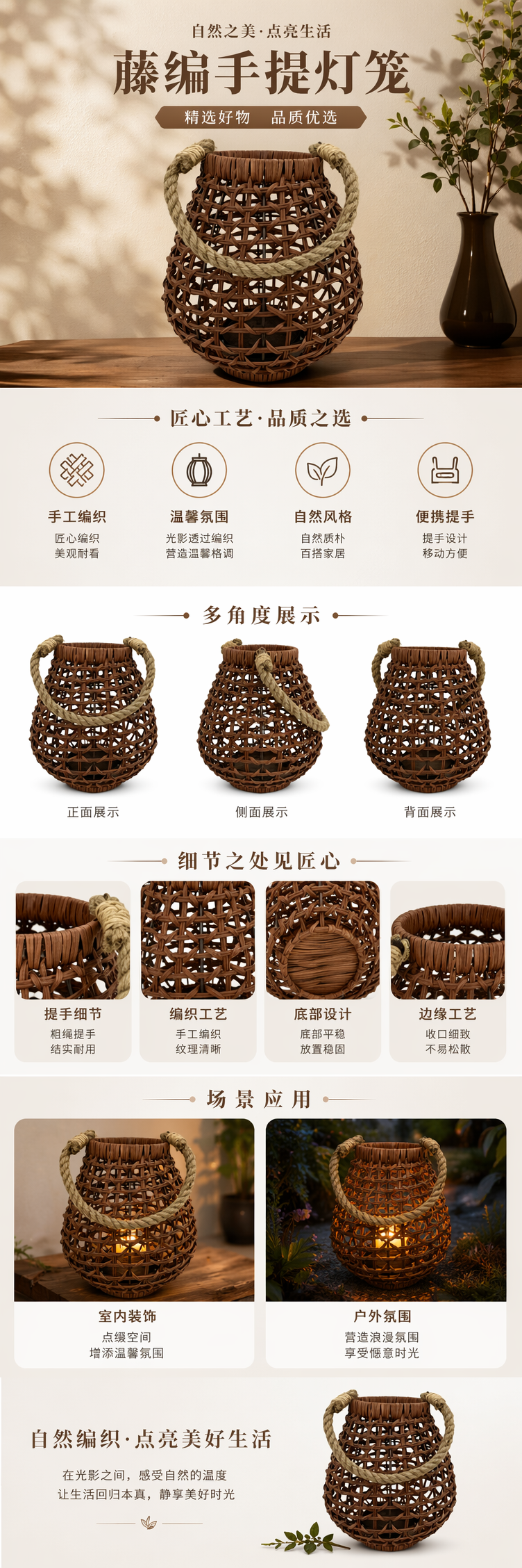 Brown rattan lantern with a hemp rope handle, round drum body, candle wind lamp, homestay decoration table lampshade, outdoor picnic lighting lampshade, night snack shop decoration small wind lamp, study room decoration small table lamp pic 1