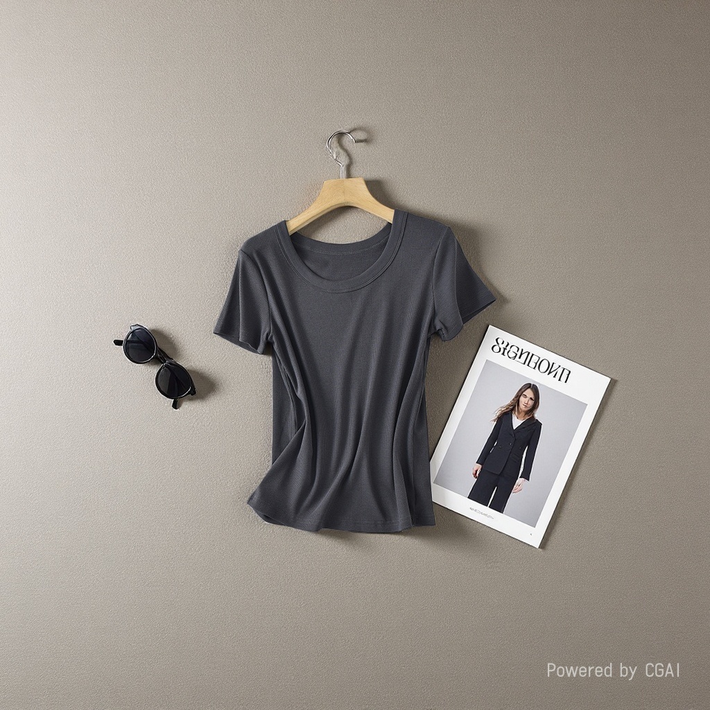 Close your eyes and wear the Tencel wool nude solid color, versatile, thin mid-seam, round-neck short-sleeved T-shirt, slimming base layer for women. 095210014