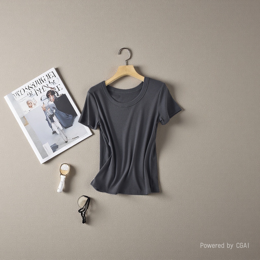 Close your eyes and wear the Tencel wool nude solid color, versatile, thin mid-seam, round-neck short-sleeved T-shirt, slimming base layer for women. 095210014 Application Scenario