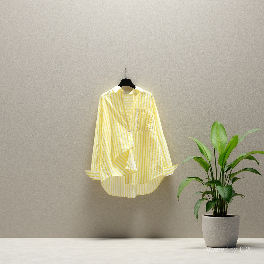 Cotton shirt, spring and autumn casual Polo collar, long-sleeved, loose, retro striped, stylish commuter top for women