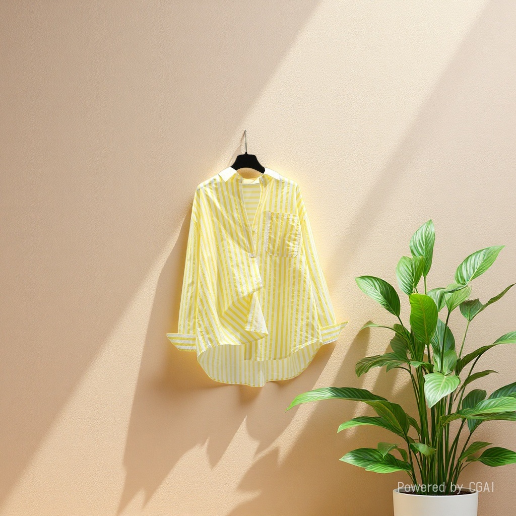 Cotton shirt, spring and autumn casual Polo collar, long-sleeved, loose, retro striped, stylish commuter top for women Specification image