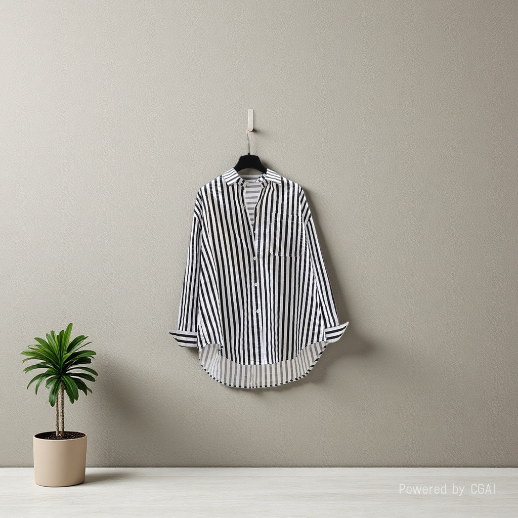 Cotton shirt 2025 Spring/Autumn casual Polo collar long-sleeved striped loose retro striped stylish commuter top for women