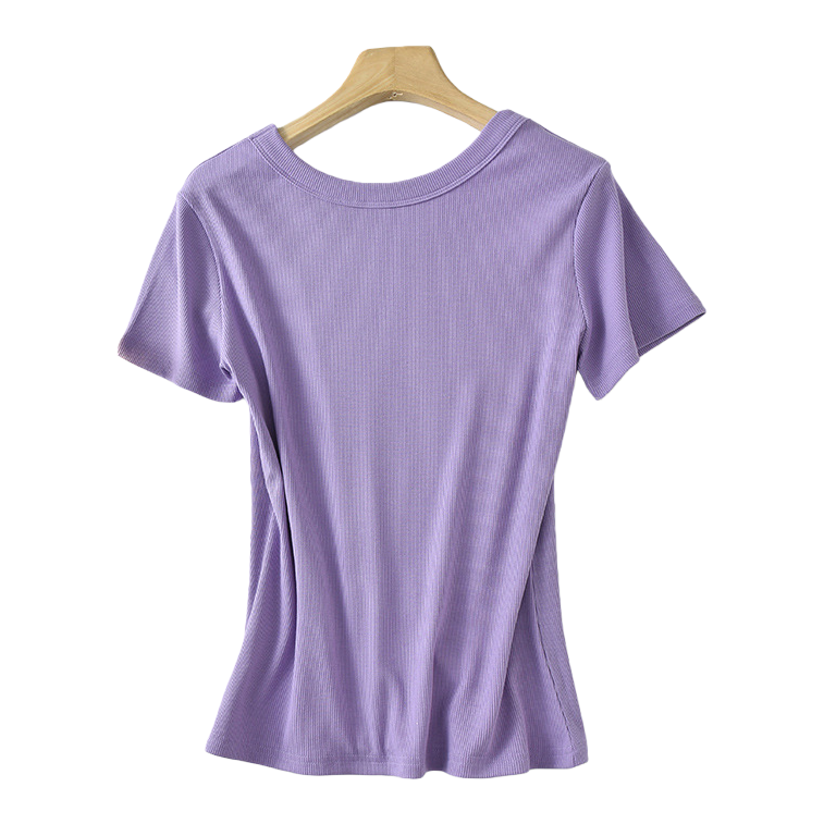Close your eyes and get a solid color of Tencel wool with a nude feel. It's a versatile, thin, round-neck short-sleeved T-shirt with a middle seam. It's a slimming base layer for women. 095441964 Item Picture