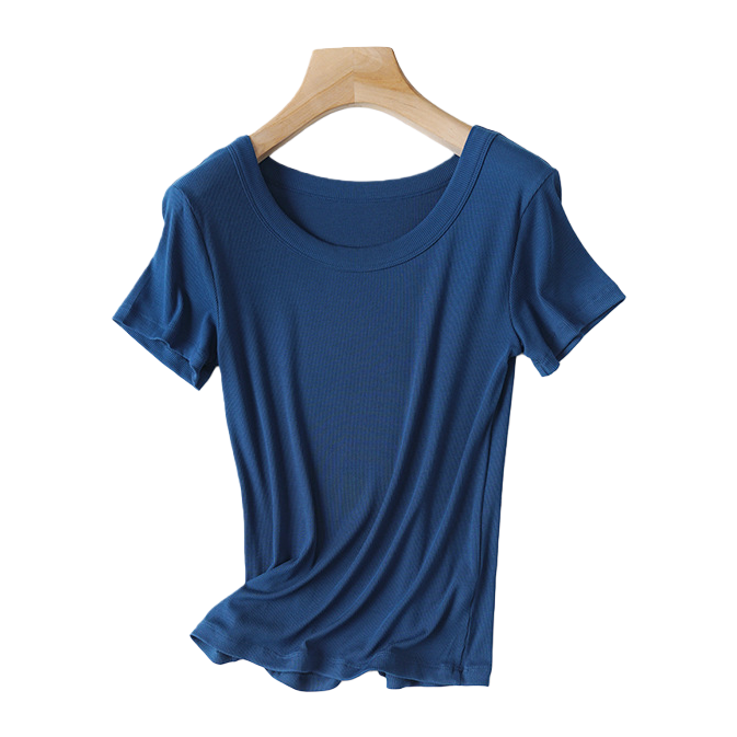 Close your eyes and get a solid color of Tencel wool with a nude feel. It's a versatile, thin, round-neck short-sleeved T-shirt with a middle seam. It's a slimming base layer for women. Tel: 095713783 Item Picture