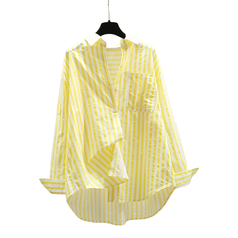 Cotton shirt, spring and autumn casual Polo collar, long-sleeved, loose, retro striped, stylish commuter top for women Item Picture