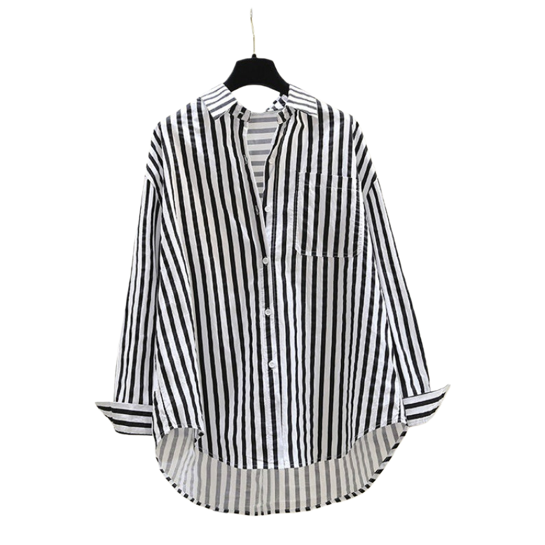 Cotton shirt 2025 Spring/Autumn casual Polo collar long-sleeved striped loose retro striped stylish commuter top for women Item Picture