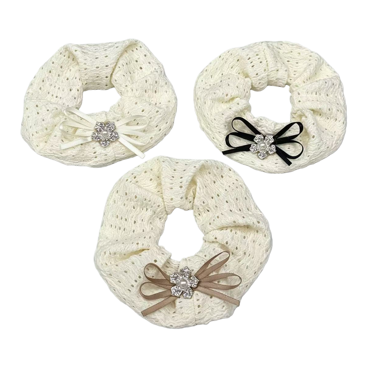 White hollowed-out knitted large intestine hair band for women in Korean style with bow crystal flower hair accessory Item Picture