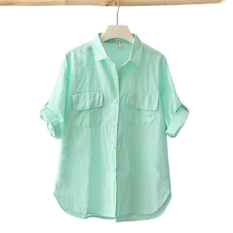 Double-pocket solid color front-opening short-sleeved shirt casual 2025 summer new style outerwear shirt loose thin top for women Item Picture