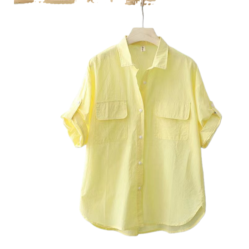 Double-pocket solid color front-opening short-sleeved shirt casual 2025 summer new style outerwear shirt Loose thin top for women 091211092 Item Picture