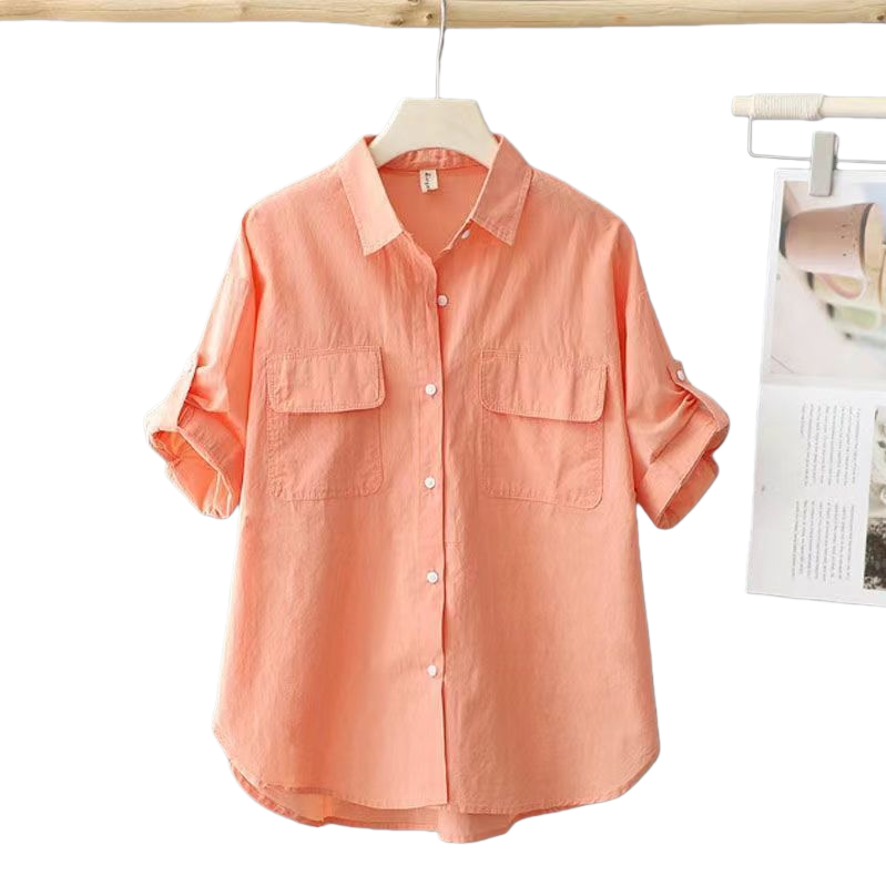 Double-pocket solid color front-opening short-sleeved shirt casual 2025 summer new style outerwear shirt Loose thin top for women 091422130 Item Picture
