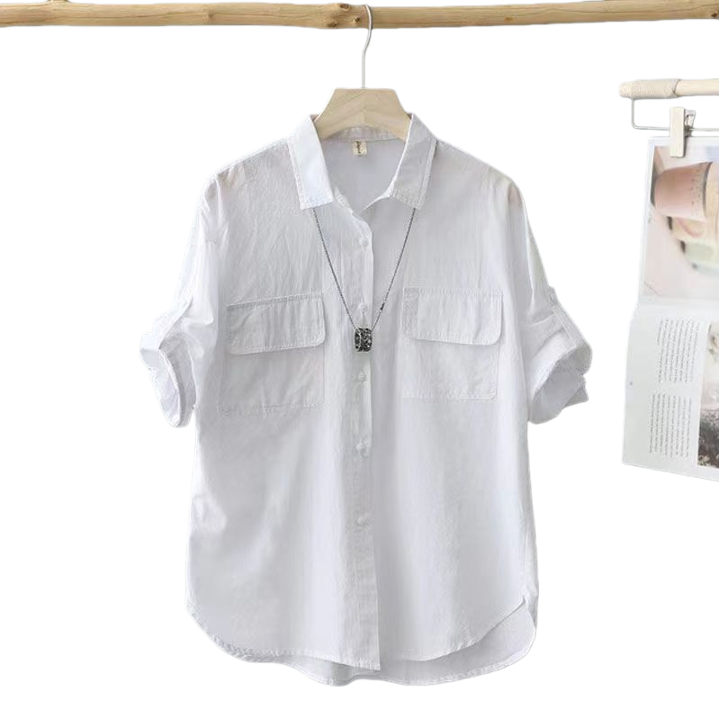 A short-sleeved, breathable and skin-friendly women's formal white shirt made of ramie Item Picture