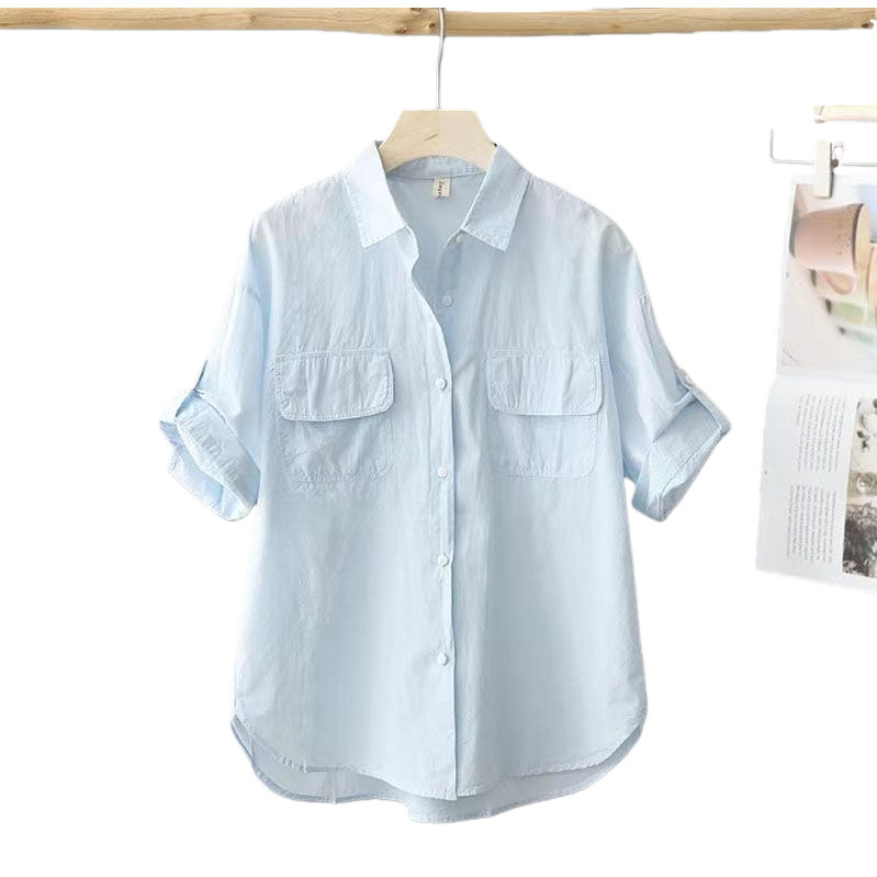 Light blue women's ramie short-sleeved formal shirt top, fashionable white shirt for women Item Picture