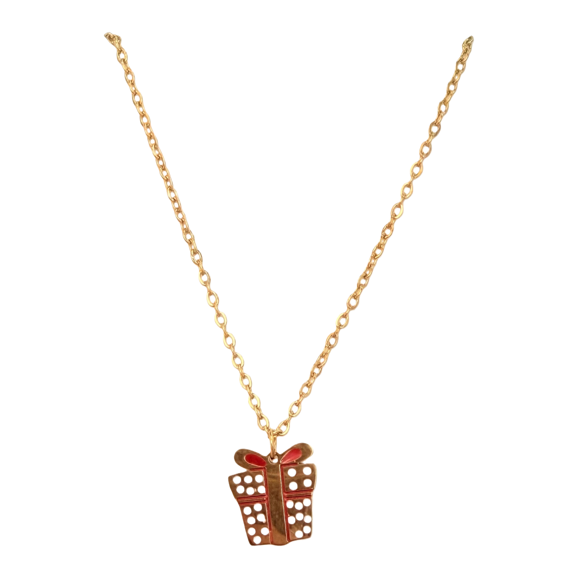 Red and white polka dot gift box oil-dripping pendant, Christmas-themed healing accessory, holiday commemoration, niche stainless steel collarbone chain, daily outfit atmosphere decoration jewelry Item Picture