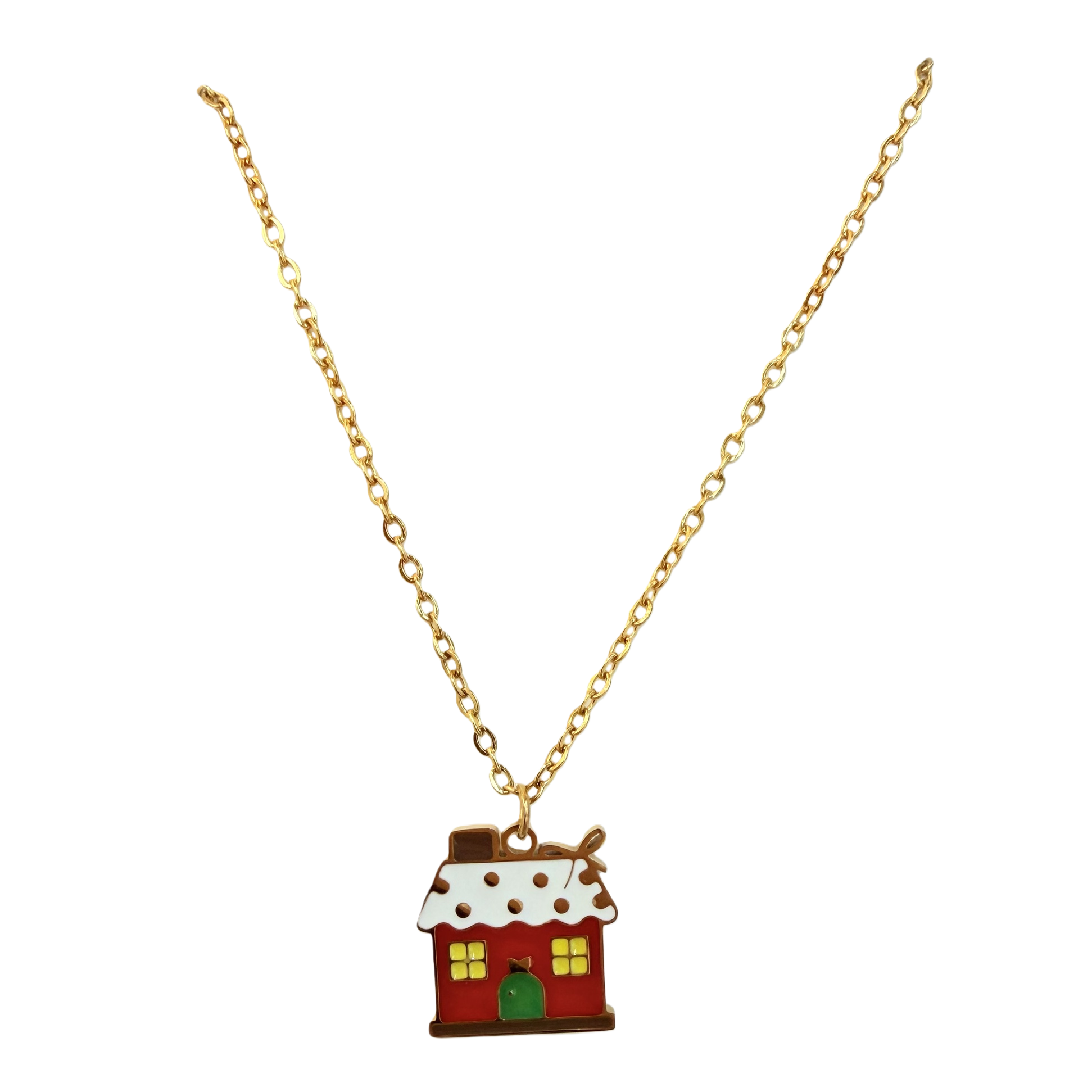 Christmas snow-capped red house oil-dripping pendant, winter fairy tale style ins cute accessory, stainless steel color retention, daily niche outfit decoration, collarbone jewelry Item Picture