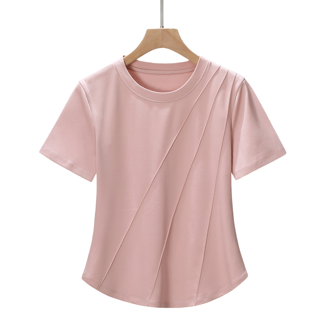 This new pure cotton T-shirt for chubby girls is versatile, slimming, and has a straight shoulder. It features a summer hem, a round neck, and an irregular fishbone shape. It is a short-sleeved women's T-shirt Item Picture